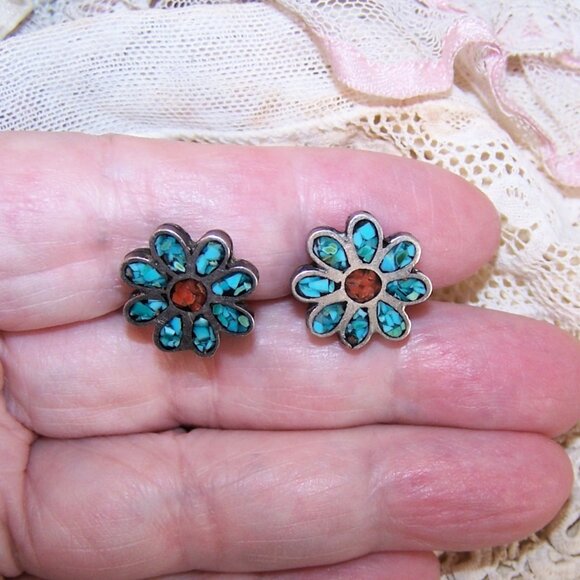 Native American Sterling Silver Coral Turquoise Inlay Clip Earrings - Picture 4 of 7